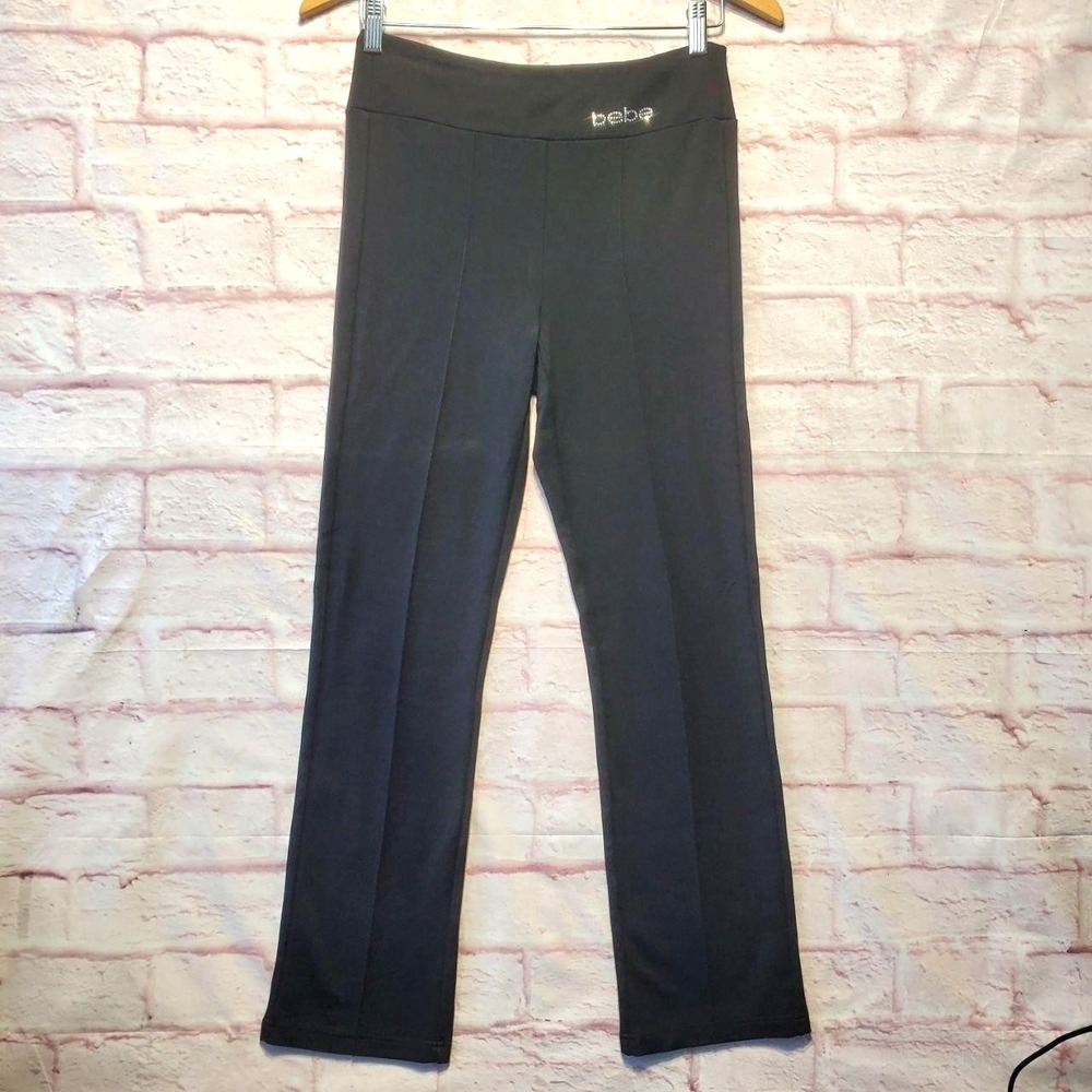 Bebe Black Stretch Pants Rhinestone Logo Pull On Slim Fit Work Yoga Y2K Sz Small